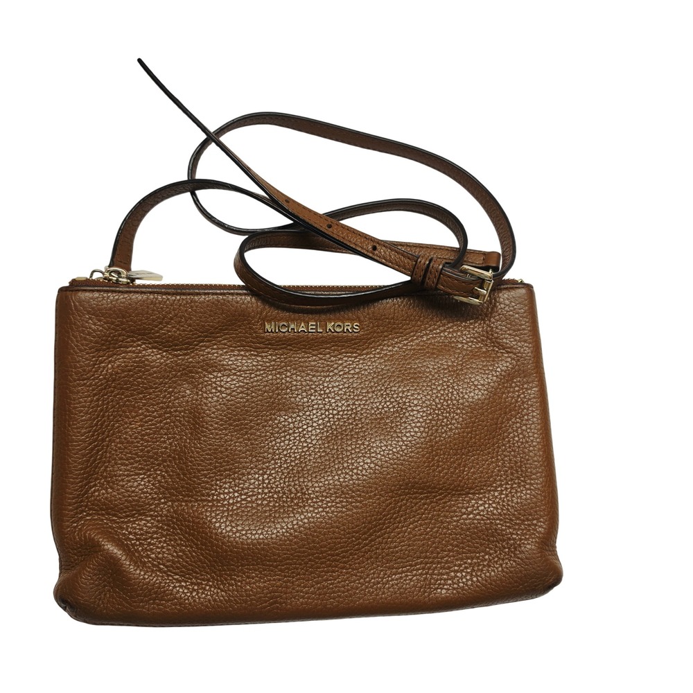 Michael Kors Crossbody Bag Womens Small Brown Pebbled Leather Double Zip